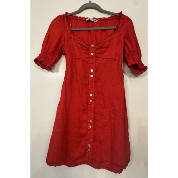 Zara Linen Red Mini Linen Puff Sleeve Dress Medium Button Stretch Waist Party - Picture 11 of 12